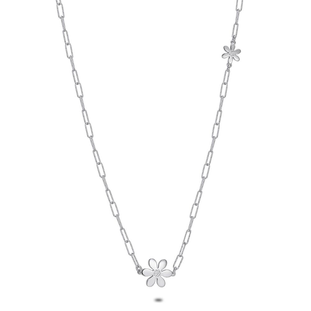 Silver Necklace, 2 Flowers On Oval Links Chain