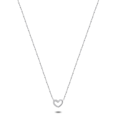 Silver Necklace, Open Heart, Half With Zirconia