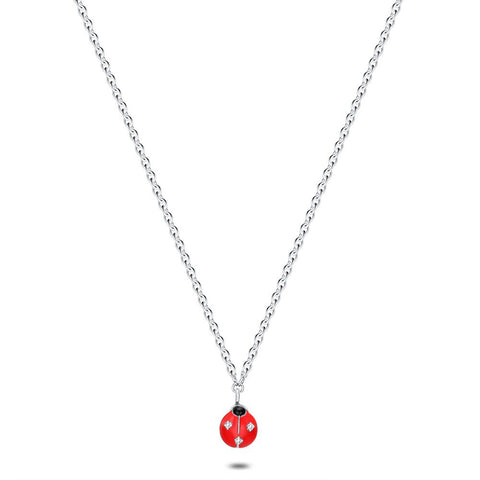 Silver Necklace, Red Ladybug, 3 Zirconia