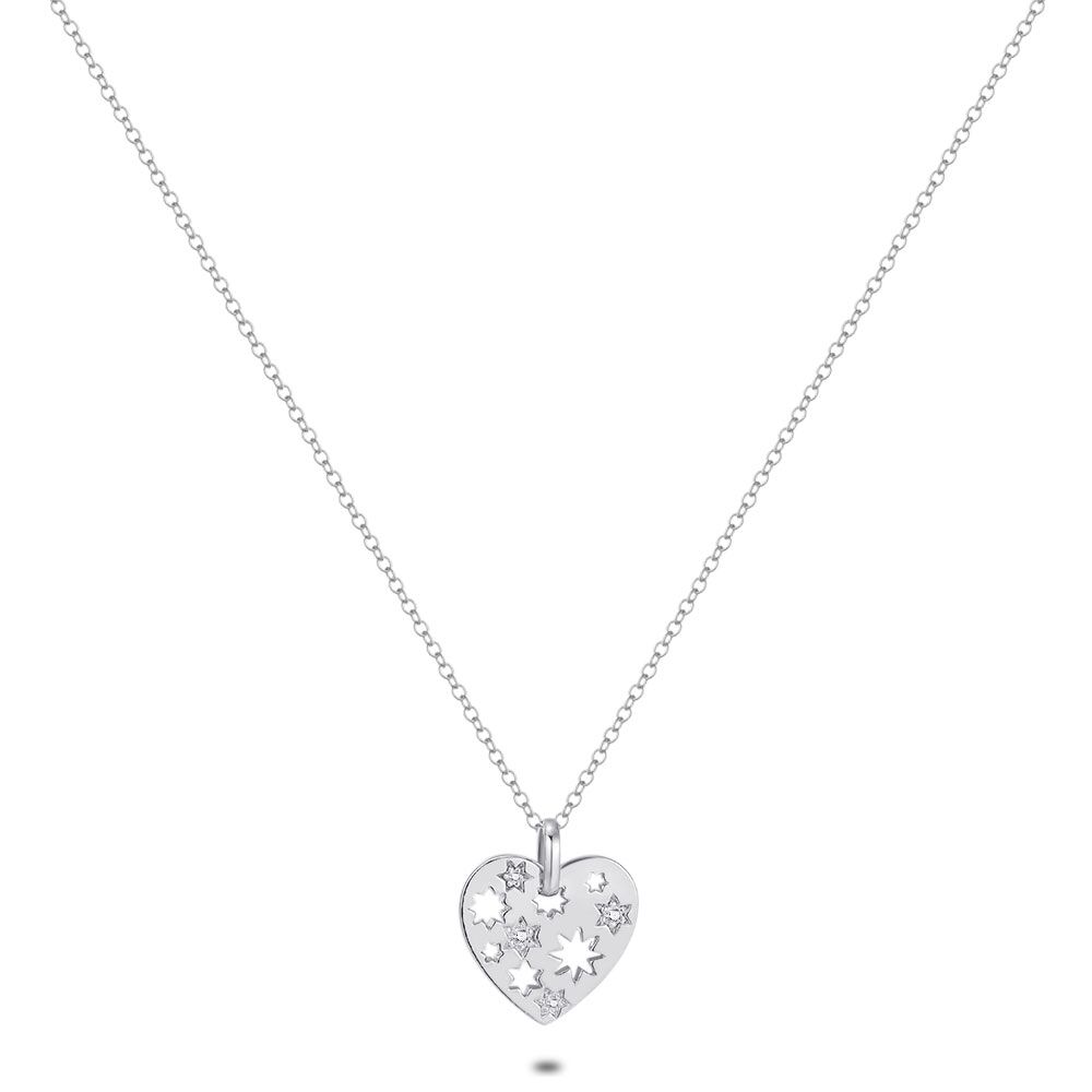 18Ct Gold Plated Silver Necklace, Heart With Little Stars, Zirconia
