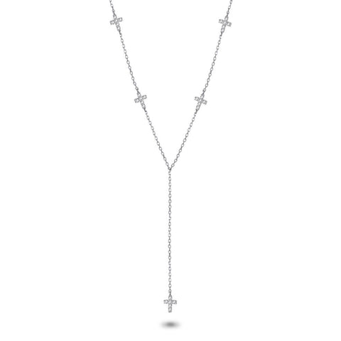 Silver Necklace, 5 Crosses, Zirconia