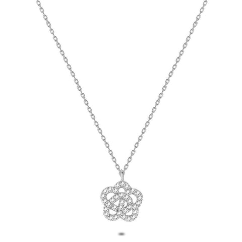 Silver Necklace, Flower With Zirconia