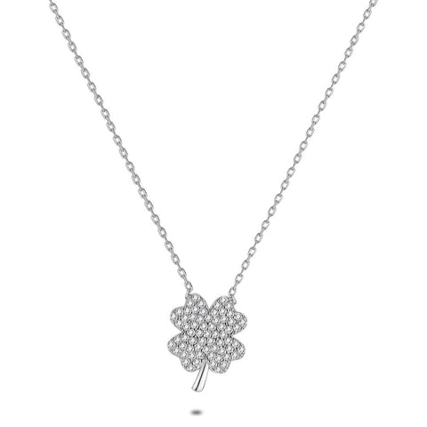 Silver Necklace, Clover With Zirconia