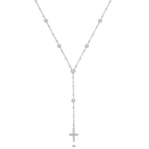 Silver Necklace, Cross, 6 Zirconia