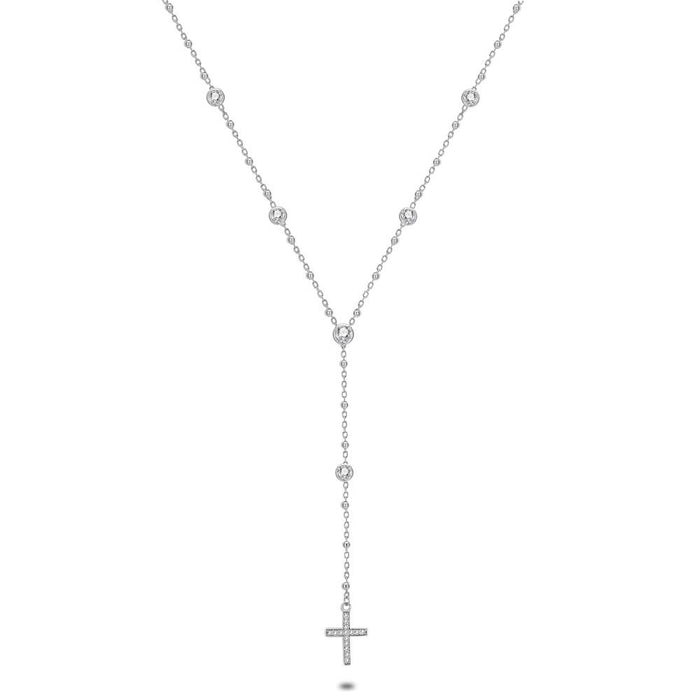 Silver Necklace, Cross, 6 Zirconia