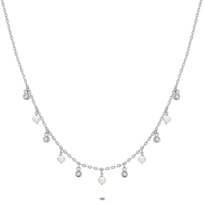 Silver Necklace, 5 Pearls, 6 Zirconia