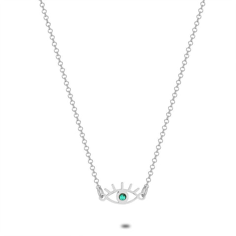 Silver Necklace, Forcat Chain, Eye With 1 Green Crystal