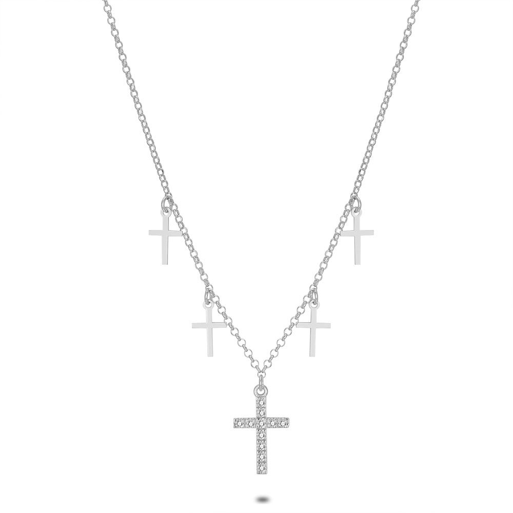 Silver Necklace, 1 Cross With Zirconia, 4 Little Crosses, 2 Cm