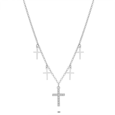 Silver Necklace, 1 Cross With Zirconia, 4 Little Crosses, 2 Cm