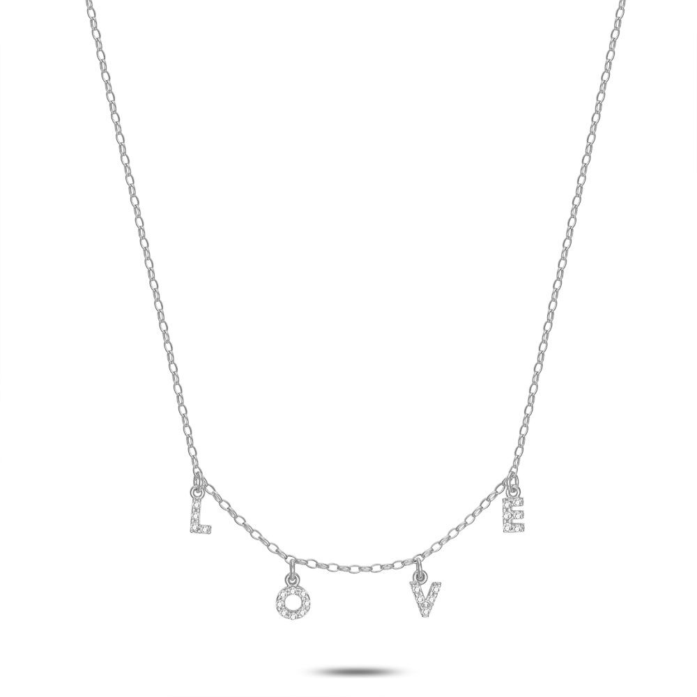 Silver Necklace, Forcat Chain, Love, Zirconia