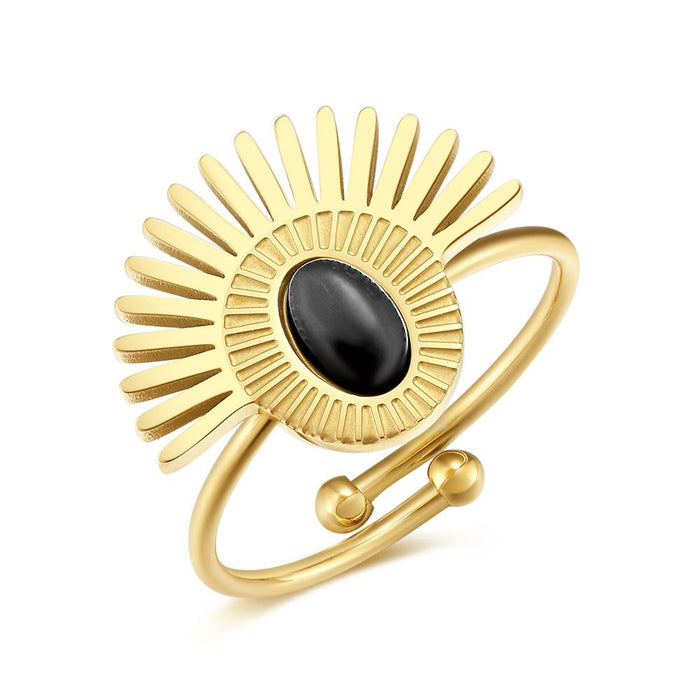 Gold-Coloured Stainless Steel Ring, Fan, Blue Lapis Stone