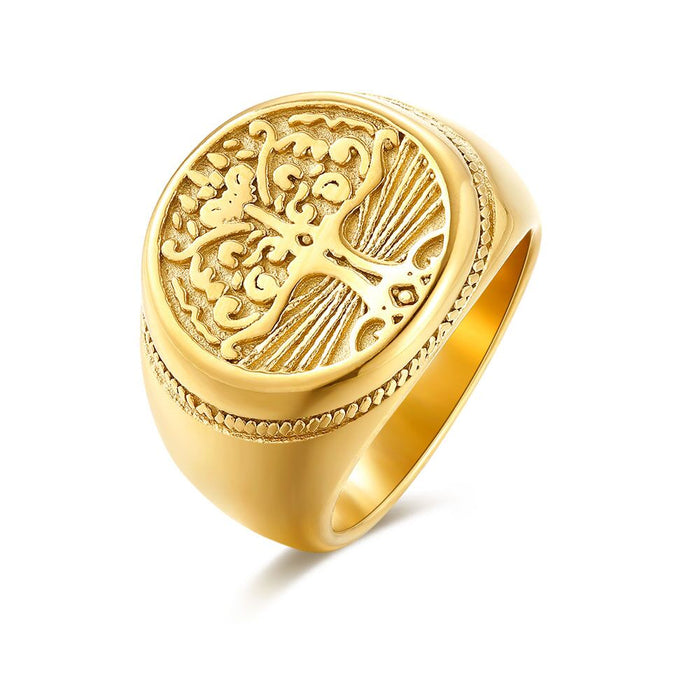 Gold-Coloured Stainless Steel Ring, Signet Ring, Tree Of Life