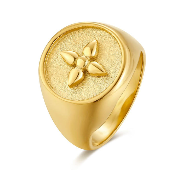 Gold-Coloured Stainless Steel Ring, Round Signet Ring, Flower