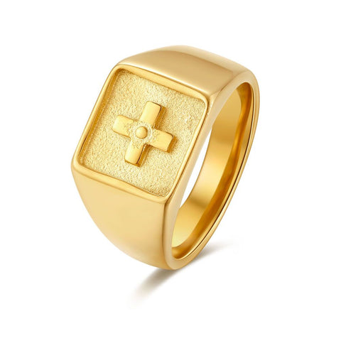 Gold-Coloured Stainless Steel Ring, Signet Ring, Squared, Cross