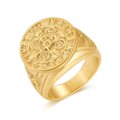 Gold-Coloured Stainless Steel Ring, Round Shape, Cross And Letters