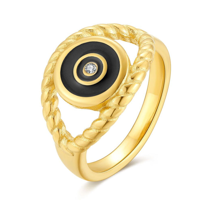 Gold-Coloured Stainless Steel Ring, Eye, Black Enamel
