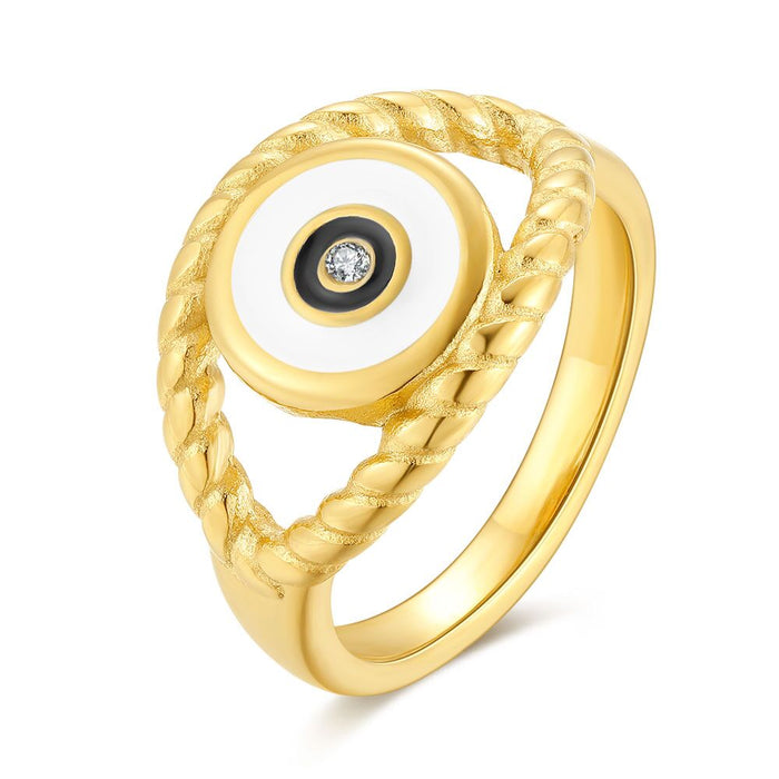 Gold-Coloured Stainless Steel Ring, Eye, White Enamel
