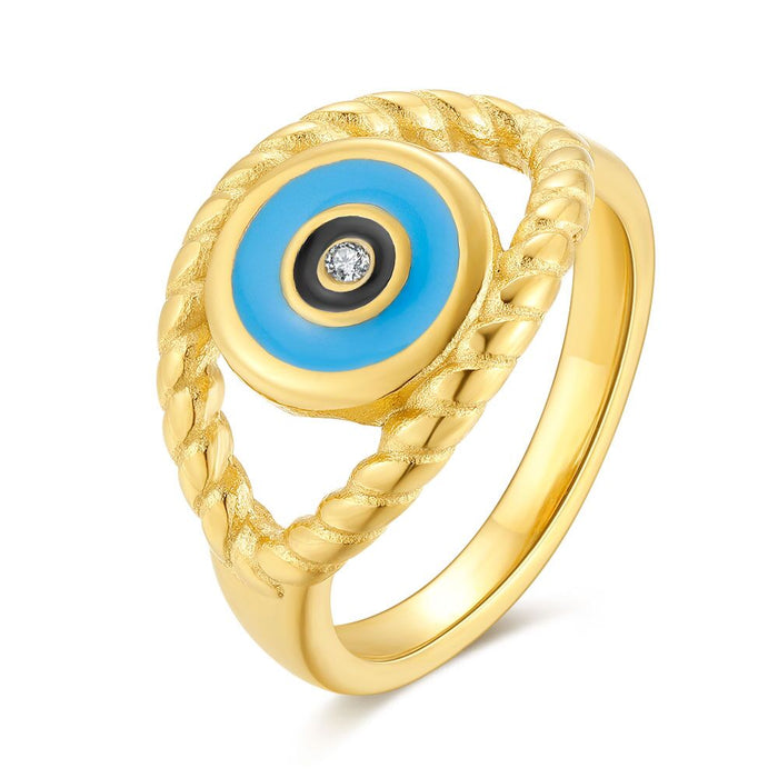 Gold-Coloured Stainless Steel Ring, Eye, Blue Enamel