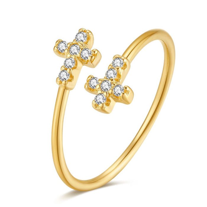18Ct Gold Plated Silver Ring, 2 Crosses, Zirconia