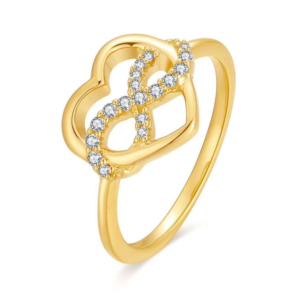 18Ct Gold Plated Silver Ring, Interlaced Open Heart And Infinity, Zirconia