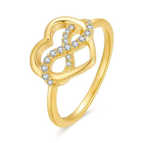 18Ct Gold Plated Silver Ring, Interlaced Open Heart And Infinity, Zirconia