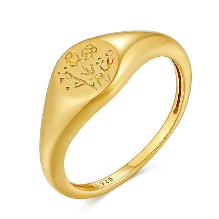 18Ct Gold Plated Silver Ring, Signet Ring, Flowers