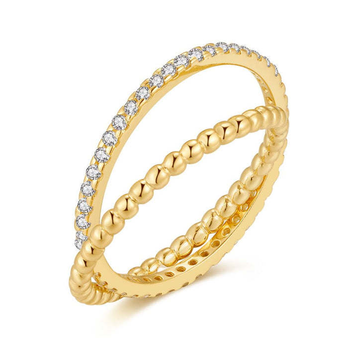 18Ct Gold Plated Silver Ring, Double Ring, Dots And Zirconia