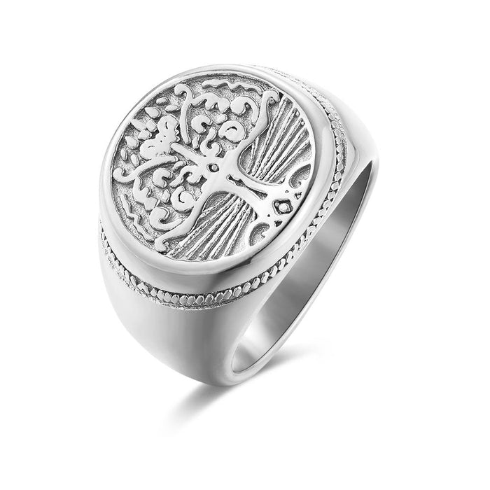 Stainless Steel Ring, Round Signet Ring, Tree Of Life