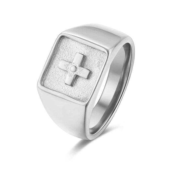 Stainless Steel Ring, Squared Signet Ring, Cross