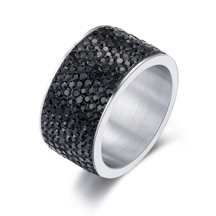 Stainless Steel Ring, 8 Rows Of Black Crystals