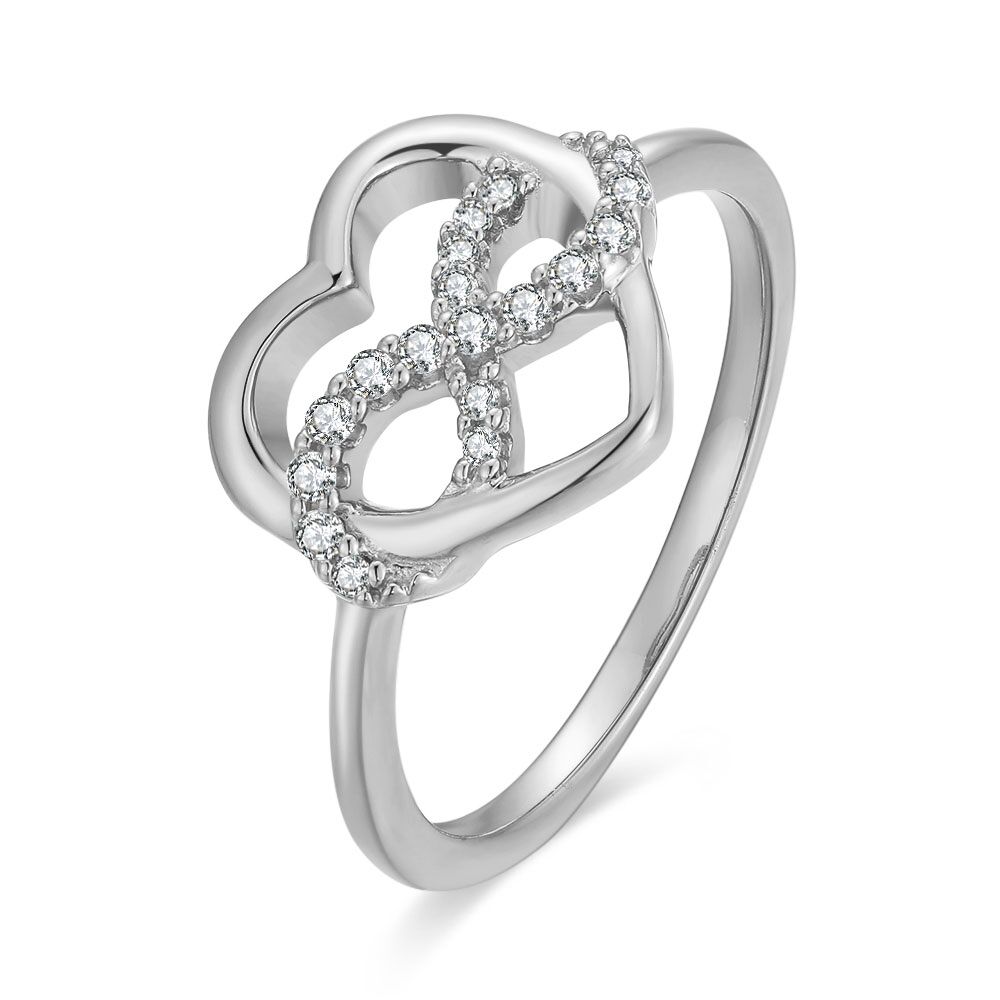 Silver Ring, Interlaced Open Heart And Infinity, Zirconia